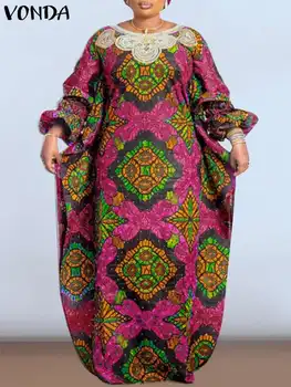 Moterims Gėlių Spausdinti Derliaus Drabužius, VONDA 2023 Vasaros Sundress Maxi Suknelė Bohemijos Atsitiktinis Ilgai Žibintų Rankovės Šalies Vestidos Femme