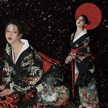 Moteris, Japonijos Tradicinių Kimono Yukata su Balta Obi Spausdinti Yukata Haori Cosplay Etape Parodyti Kostiumas Senovinių Azijos Drabužių