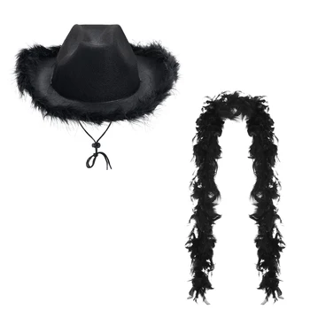 Moteriški Vakarų Kostiumas Rinkinys su Kaubojaus Skrybėlę ir Turkija Plunksnų Boa - Puikus Halloween Party Dress Up ir Vakarų Tematikos