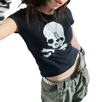 Moterų Goth Drabužius y2k Apkarpyti Viršūnes Vasaros 2024 T shirts Grunge 2000-ųjų Trashy Estetinės Trumpas Rankovės Tees Merginos Streetwear