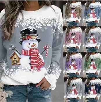 Moterų Kalėdų Naują Sniego Print T marškinėliai Atsitiktinis Atostogų Šalis ilgomis Rankovėmis Viršūnes Mielas Animacinių filmų Kalėdų Tees Puloveriai marškinėliai