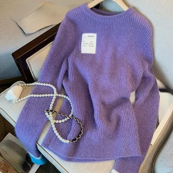 Moterų Kontrasto Spalvų Kratinys Ilgomis Rankovėmis Rudens Žiemos Megztinis O Kaklo Megztinis Džemperis Atsitiktinis Derliaus Traukti Femme Violetinis Megztinis