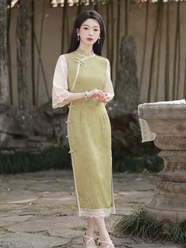 Moterų Mandarinų Apykaklės Cheongsam Trumpas Rankovės Derliaus Elegantiškas Kinijos Tradicinės Aukštos Padalinta Qipao Rytų Suknelė