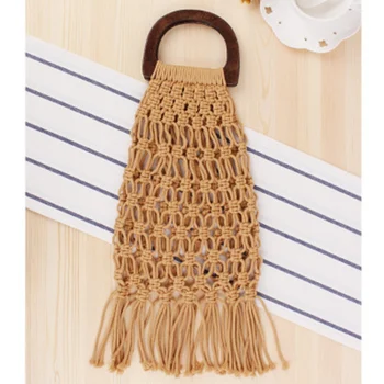 Nacionalinės stilius nauja medinė rankena nešiojamų tinklai, šiaudų maišą medvilnės virvė rankomis austi maišą paprastų moterų paplūdimio krepšys