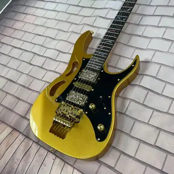 Naujas 6-string elektrinė gitara padalinta įstaiga elektrinės gitaros, metalo geltona įstaiga, blizgančios, rožė, mediena, fingerboard, klevo medienos kelio,