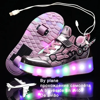 Naujas Rožinės spalvos USB Įkrovimo Mados Mergaitės Berniukai LED Šviesos Ritinio Skate Avalynė Vaikams, Vaikiški Sportbačiai Su Ratų, Dviejų ratų