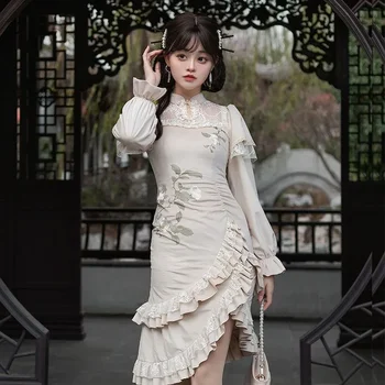 Originalios Gėlių Spausdinti Sluoksniuotos Rankovėmis Ir Nėrinių Aplikacija Cheongsam Suknelės Moterims Rudenį Pagerino Viktorijos Arbata Šalis Suknelė Qipao