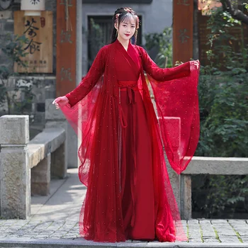 Originalus Hanfu Moterų Senovės Kostiumas Raudona Elegantiškas Kibirkščiuojantis Blizgučiai 2-Sluoksnio Audinio Pasakų Kinų Stiliaus Šokių Prom