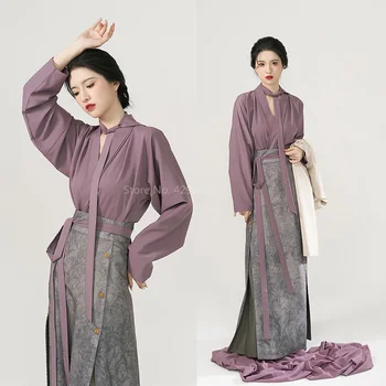 Pagerėjo Hanfu Purple Shirt&sijonas Naujas Kinų Stiliaus Han Elementas Kostiumas Dienos Darbo Hanfu Kostiumas Ilgai Orlaivių Rankovėmis Tango Qipao