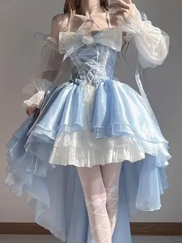 Prancūzijos Romantiško Stiliaus Lolita Op Elegantiškas Mergina Cosplay Princesė Sluoksniuotos Rankovėmis Juostelės Bowknot Gėlių Tunika Akių Fantastinių Pasakų Suknelė