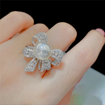 Prancūzijos šviesą elegantiškas visiškai diamond bow inkrustacijos pearl atidarymo reguliuojamas žiedo temperamentas perdėti vestuvių papuošalai atostogų dovanų