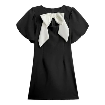 Prancūzijos šviesą kontrasto spalvų lanką juosmens, plonas ir-line sluoksniuotos rankovėmis suknelė