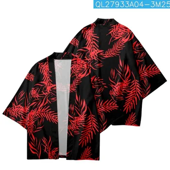 Raudoni Lapai Spausdinami Juoda Prarasti Vasaros Japonų Kimono Streetwear Cardigan Drabužius, Moterims, Vyrams Haori Viršuje Yukata