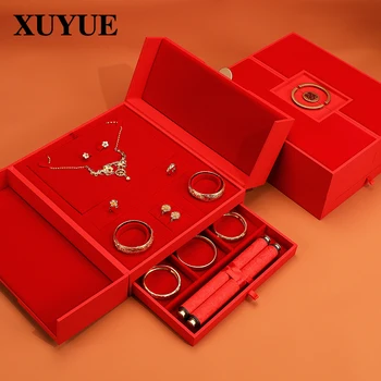 Raudonos aksomo aukso papuošalų laikymo dėžutė, vestuvių kraitis papuošalų dėžutė, švenčių, vestuvių tris aukso aparatūros papuošalų dėžutė