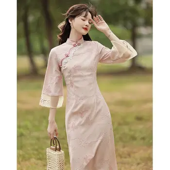 Rausvos spalvos, Elegantiški Cheongsam ilgomis Rankovėmis Vintage Suknelė Siuvinėta Vasaros Moterų Kostiumai Qipao Suknelės S-2XL