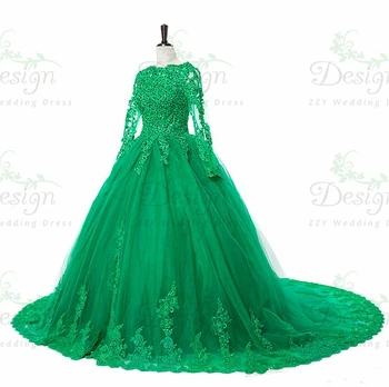 Romantiška Quinceanera Suknelės Žalia Tiulio ilgomis Rankovėmis Nėrinių Appliques Siuvinėjimo Perlai Aukšto Kaklo, vestidos de quinceanera 2020 m.