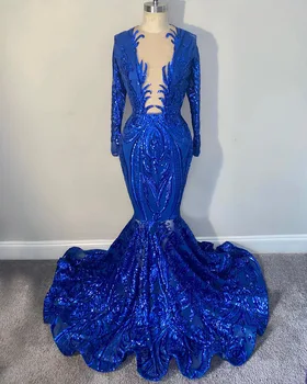 Royal Blue Undinė Ilgai Prom Dresses 2023 Prabanga Ilgomis Rankovėmis Blizgančių China Afrikos Juodieji Mergina Šalis Oficialią Chalatai