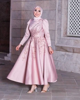 Rožinė Musulmonų Vakaro Suknelės Klostes-Line Satininiu Oficialų Renginį Chalatai Ilgomis Rankovėmis, Kulkšnies Ilgio Vestuves Suknelė Moterims