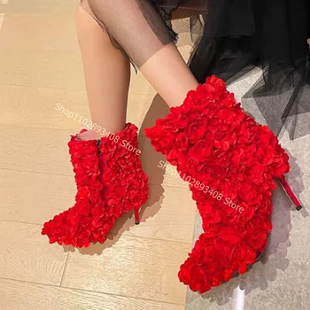 Rožių Gėlių Dekoras Batai Pusėje Užtrauktukas Kietas Stiletto Kulniukai Moterų Rudenį Elegantiška Suknelė, Batai 2023 Zapatos Para Mujere