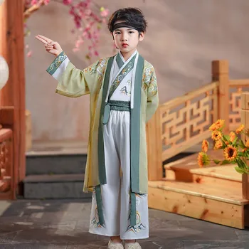 Senovės kinų Tradicinės Naujų Drabužių Rinkinys Vaikas Berniukas ilgomis Rankovėmis Trijų Žodžių Gruntas Hanfu Siuvinėjimo Veiklos Suknelė