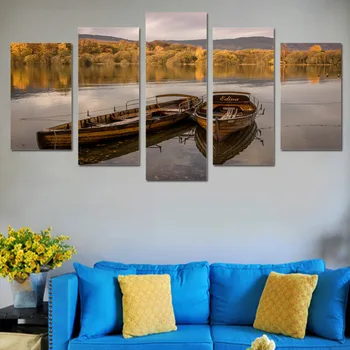 sienos meno tapybos drobės 5 gabalas HD Spausdinti ežere plūduriuoja valtis geltona miško saulėlydžio sienos rėmeliai, plakatų ir grafikos