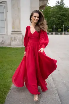 SKMY 2023New Europos ir Amerikos Rudenį Moterų Suknelė Seksualus V-kaklo Šifono ilgomis Rankovėmis Šventė Raudona Ilga Suknelė Elegantiškas Šalis