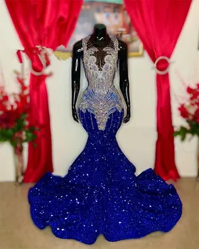 Sparkly Royal Blue O Kaklas Ilgas Prom Dresses Black Merginos 2023 Blizgučiais Gillter Undinė Afrikos Aso Ebi Vakarą Proga Suknelė