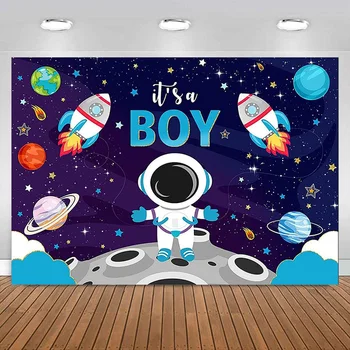 Tai Berniukas, Baby Shower Fonas Mėlynas Astronautas Dekoracijos Visatos Sapce Temą Fotografijos Fone Žvaigždžių Raketų Reklama