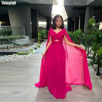 Thinyfull-line Dubajus Šifono Prom Dresses Saudo Arabija V-kaklo Vakare Šalis Suknelė Oficialus Suknelė Chalatas De Soirée