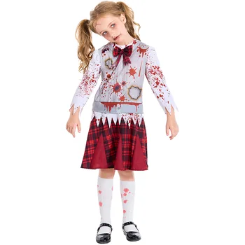 Umorden Siaubas, Baisu Kruvinas Studentų Zombie Kostiumas Mergaitėms, Vaiko, Vaikams, Paaugliams Helovinas Fancy Dress Raudonos spalvos Pledas