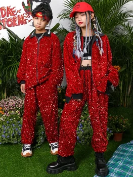 Vaikams Hip-Hop Šokio Spektaklis Kostiumas Red China Viršūnes Kelnes Būgno Džiazo Šokių Drabužius Mergaitėms Berniukai K-pop Scenos Apranga BL9284