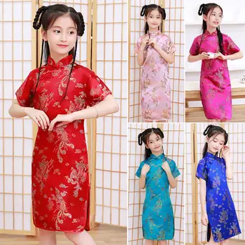 Vaikų Mergaičių Satino Suknelė Cheongsams Hanfu Stora Phoenix Spausdinti Suknelė Kinijos Tradiciniais Kostiumais Princesė Mergaitės Cheongsams