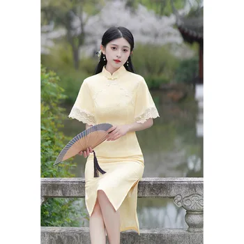 Vasaros Imitacija Geltonos spalvos Nėrinių Cheongsam Elegantiškas Šalis Retro Pagerėjo Trumpas Rankovės Qipao Suknelė Moterims