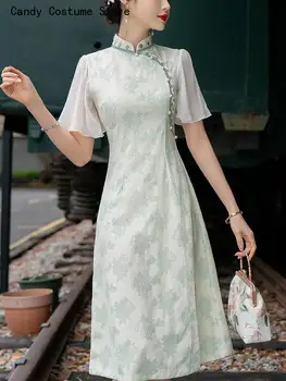 Vasaros Kinijos Qipao Suknelė Apverstas Didelis rankovėmis Žalia Cheongsam Naujas Elegantiškas Aukštos klasės Merginos Pagerino Šviežio Derliaus