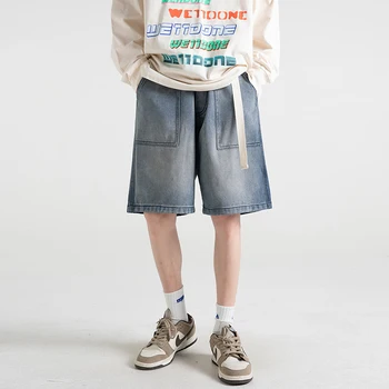 Vasaros Negabaritinių Didelis Kišenėje Trumpas Džinsai Vyras Šviesiai Mėlyna Džinsinio Šortai Mados Hip-Hop Pločio Kojų Laisvas Vyras Streetwear C90