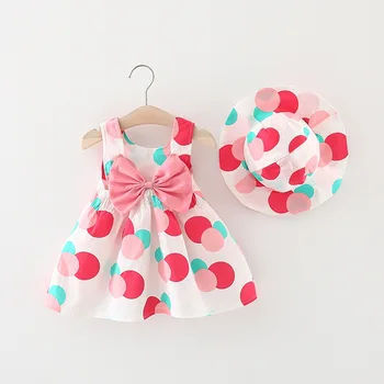 Vasarą merginos berankovis suknelė, kūdikiams ir mažiems vaikams mielas peteliškę elastinga juosmens didelis dot spausdinti princesė dress+hat