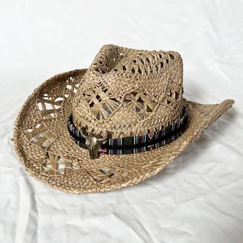 Vyrų Mados Tuščiaviduriai Rankų darbo Vakarų Kaubojaus Skrybėlę Moterų Cowgirl Lauko Kelionių Vasaros Šiaudų Saulės Kepurės