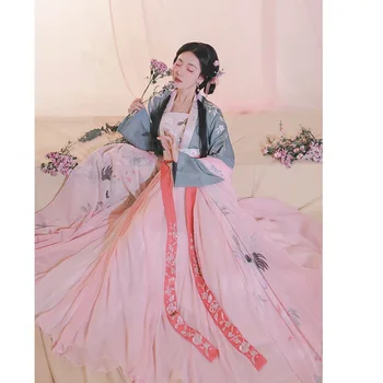 WuXinYi Original Song Dinastija Hanfu Suknelė 3 Dalių Kostiumą Sweet Pink Gėlių Krano Išsiuvinėti Hanfu Suknelė Vasarai Naujų Pasakų Suknelės