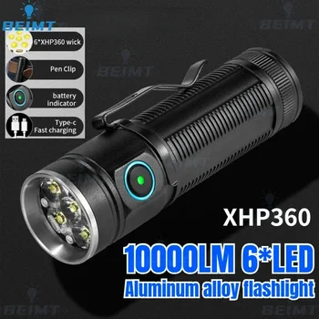 XHP360 * 6 LED 10000LM EDC Fotoblykstės Nešiojamas Įkraunamas Žibintuvėlis Lauko IPX65 Vandeniui Pėsčiųjų, Kempingas Avarinių Darbų Šviesa