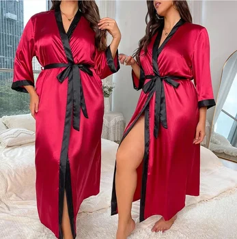 XL-5XL Didelis Dydis Moterų Apdaras Padažu Suknelė Loungewear Pižamą Vasaros Šilkiniai Satino Kimono V-Kaklo Sleepwear Chalatas Namų Drabužiai