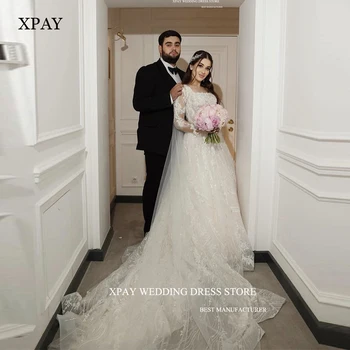 XPAY Kuklus Nėrinių Aplikacijos Linijos, Vestuvių Suknelės ilgomis Rankovėmis Kvadratinių Kaklo Dubajaus Musulmonų arabų Moterų Klasikinis Nuotakos Suknelė Šydas