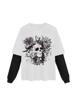 Y2k Moterų Grunge Long Sleeve Top Derliaus Estetinės Gotikos Grafinis Spausdinti Marškinėliai Negabaritinių Baggy Tee Drabužiai
