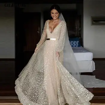 Šampanas Blizgučiai Iš Dviejų Dalių, Vestuvių Suknelės Su Deatachable Kailis Aukso Varčios 2022 Sluoksniuotos Ilgomis Rankovėmis V-Kaklo Nuotakos Suknelės