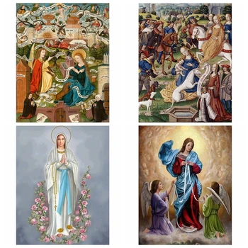 Šventosios Širdies Mergelė Marija, Apsupta Gėlių Apsireiškimo Kaip Vienaragio Medžioklė Viduramžių Drobė Sienos Meno Tapybos