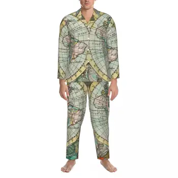 Žemės Žemėlapį Spausdinti Sleepwear Rudens Derliaus Pasaulio Žemėlapis Atsitiktinis Negabaritinių Pižama Nustatyti Vyrų Ilgas Rankovėmis Namų Užsakymą naktiniai drabužiai
